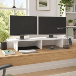 Monitor Stand White Solid Pine Wood Computer Riser Storage Desk Organiser