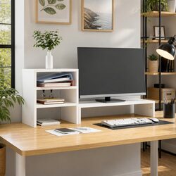 Monitor Stand White Solid Wood Pine Computer Riser Desk Organizer Storage Shelf