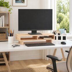 Monitor Stand 60x27x14cm Solid Pine Wood Brown Desktop Riser with Storage Space