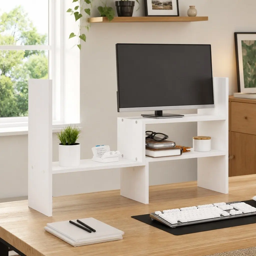 Monitor Stand Adjustable White Solid Wood Pine 39 to 72 cm