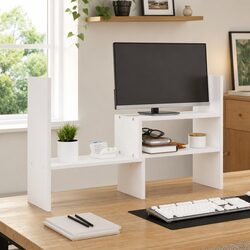 Monitor Stand White Adjustable Solid Wood Pine Computer Riser Desk Organiser