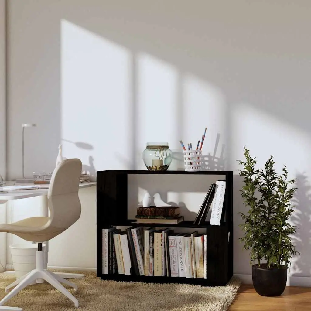 Book Cabinet Room Divider Black Solid Pine Wood 80W x 25D x 70H cm