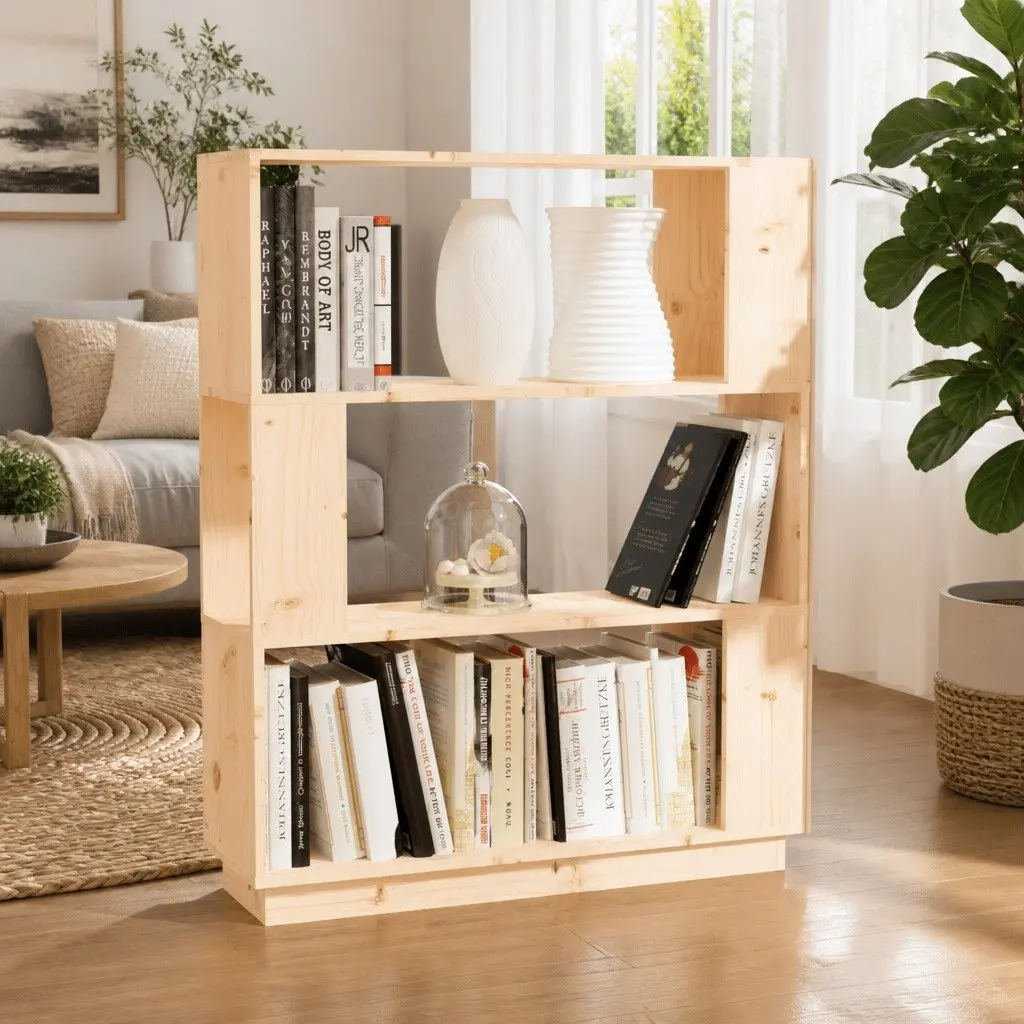 Pine Wood Book Cabinet Room Divider 101cm Height 80cm Width 25cm Depth Brown Storage