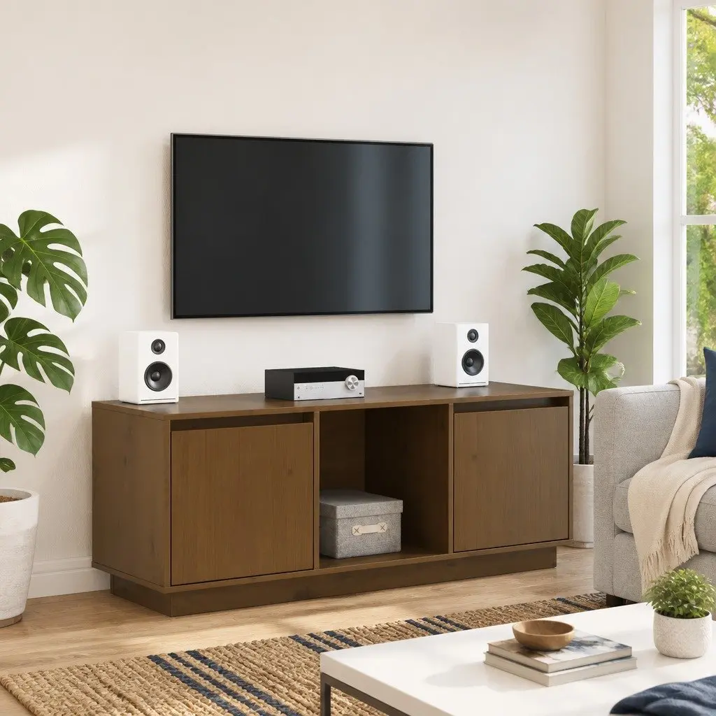 TV Cabinet Honey Brown Solid Pine Wood Media Storage Unit Living Room Furniture