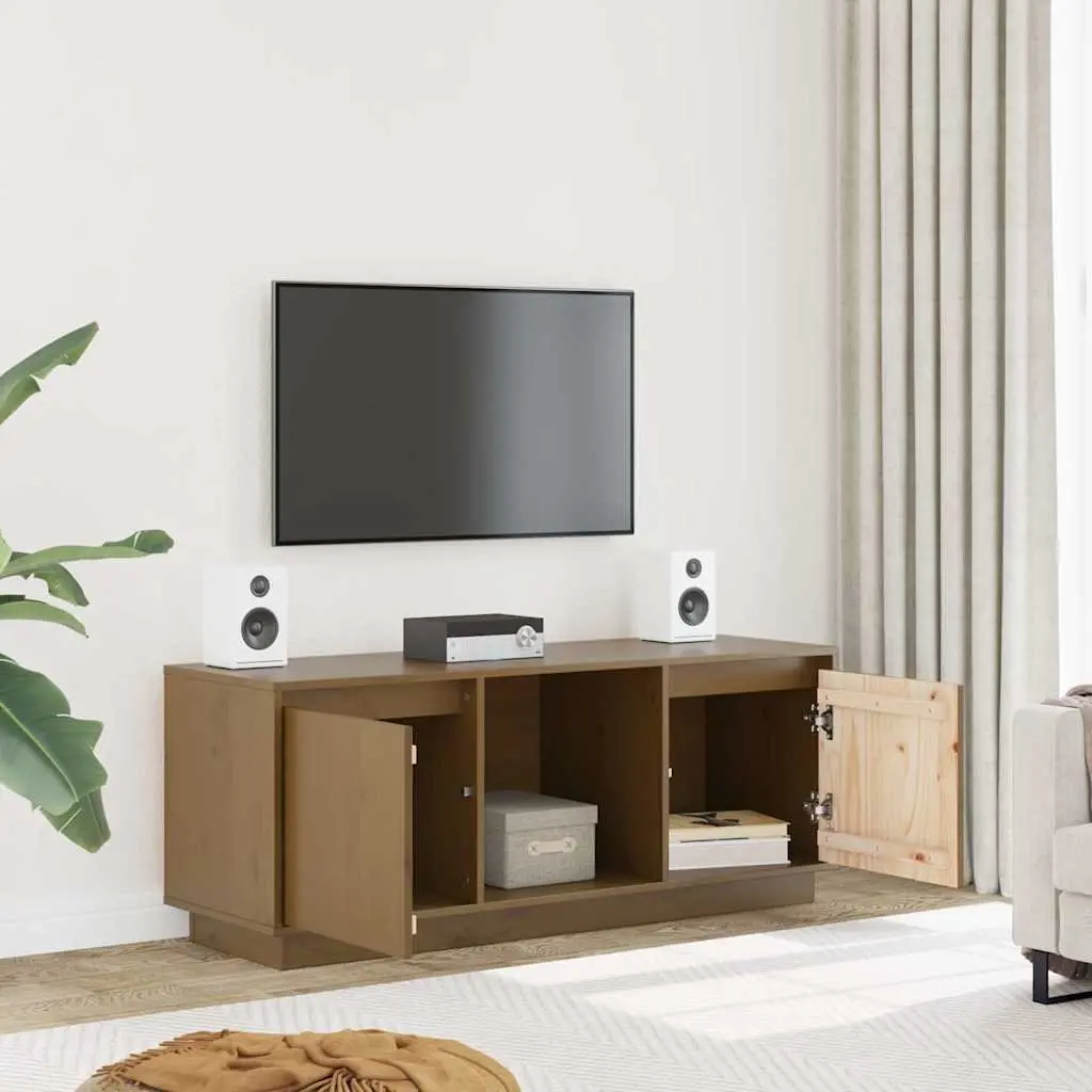 TV Cabinet Honey Brown Solid Pine Wood Media Storage Unit Living Room Furniture