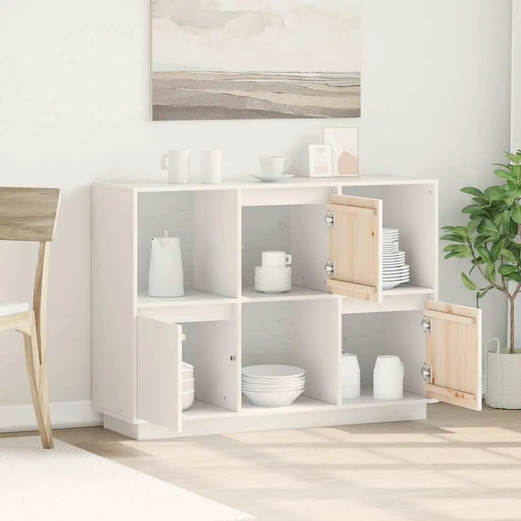 White Sideboard 110.5x35x80cm Solid Pine Wood Cabinet 3 Doors Storage Furniture