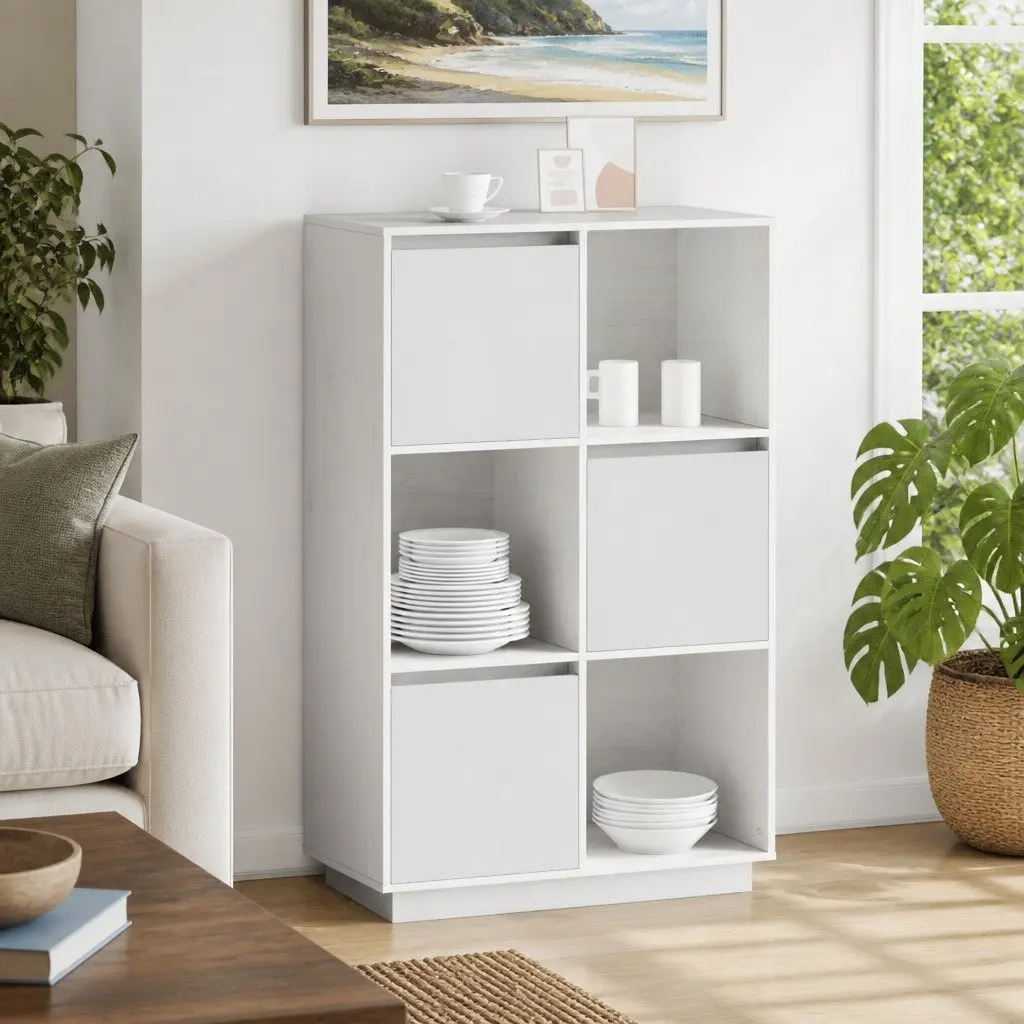 Highboard White Solid Pine Wood Storage Cabinet 74x35x117cm