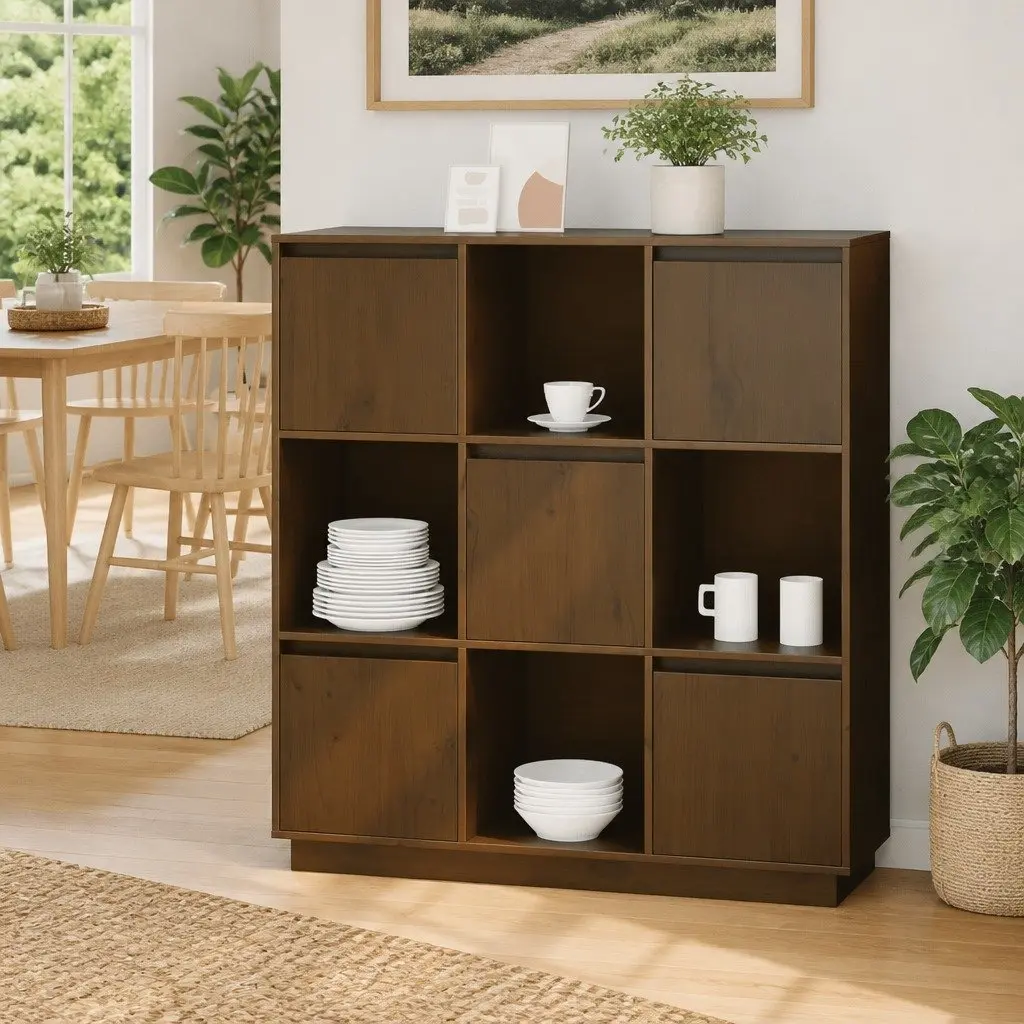 Highboard Storage Cabinet 5 Doors Brown Solid Pine Wood Modern Furniture