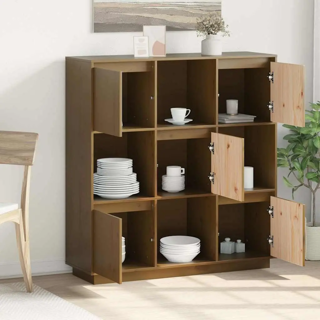 Highboard Storage Cabinet 5 Doors Brown Solid Pine Wood Modern Furniture