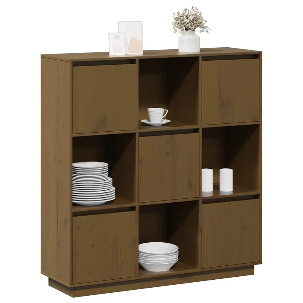 Highboard Storage Cabinet 5 Doors Brown Solid Pine Wood Modern Furniture