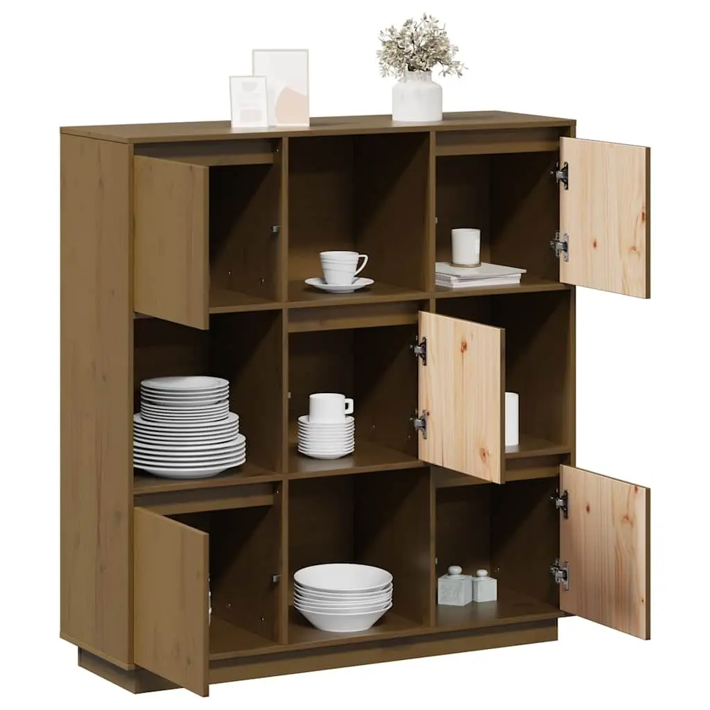Highboard Storage Cabinet 5 Doors Brown Solid Pine Wood Modern Furniture