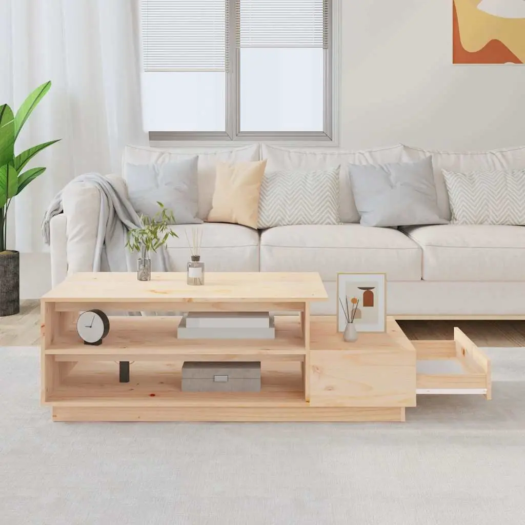 Coffee Table 120x50x40.5 cm Solid Pine Wood Storage Compartments Drawer Brown
