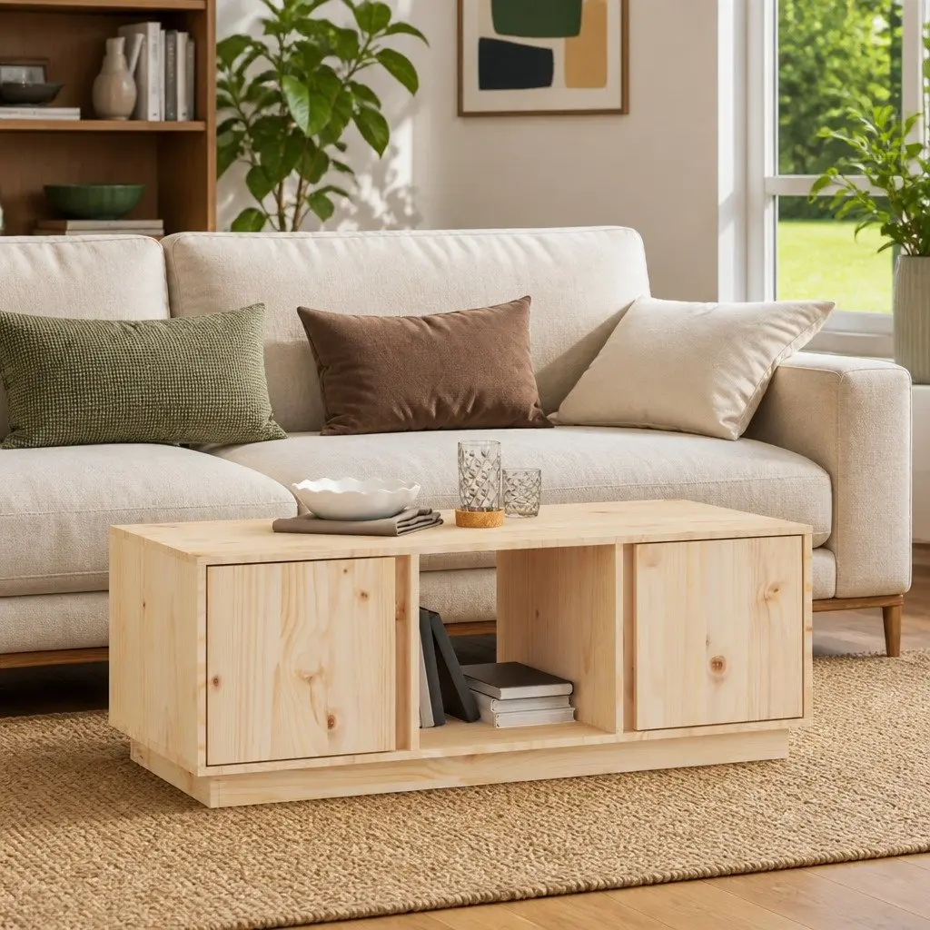 Coffee Table Brown Solid Pine Wood 110x50x40cm with 3 Storage Compartments and 2 Doors