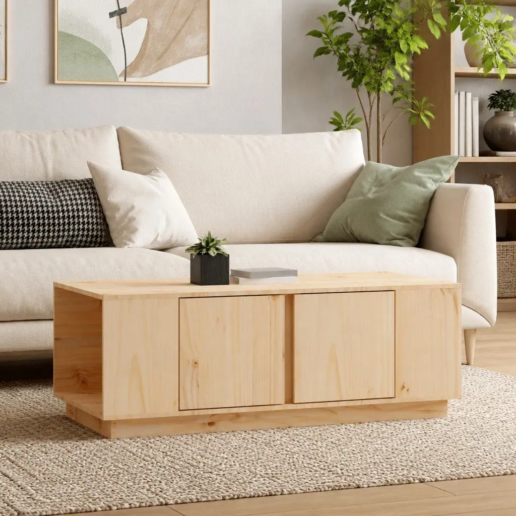Coffee Table Solid Pine Wood Brown 4 Storage Compartments 2 Doors