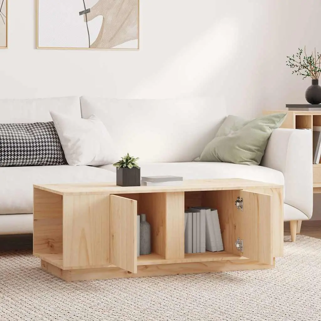 Coffee Table Solid Pine Wood Brown 4 Storage Compartments 2 Doors