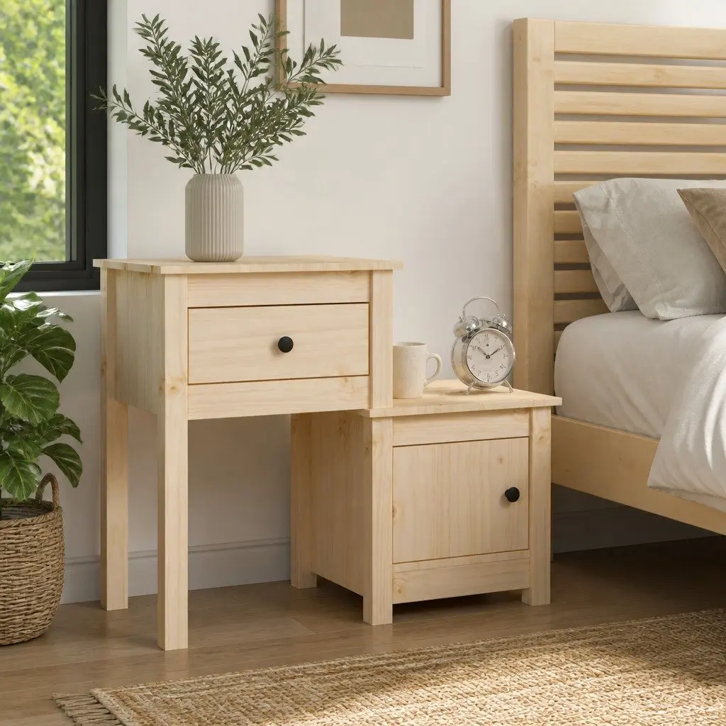 Bedside Cabinet Solid Wood Pine 79.5x38x65.5 cm Storage Nightstand with Drawer and Door