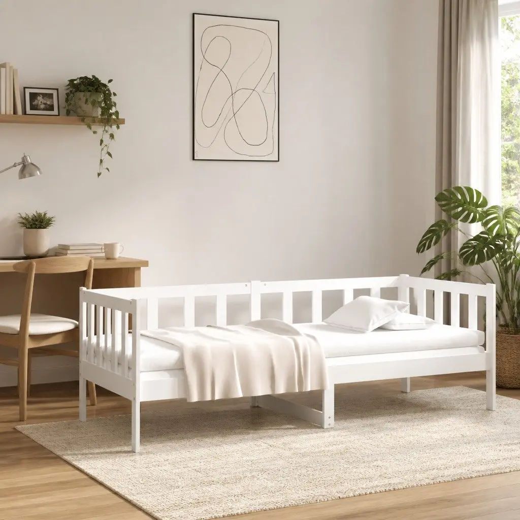 Day Bed Single White 90x190 cm Solid Pine Wood Frame Slatted Base Sofa Bed