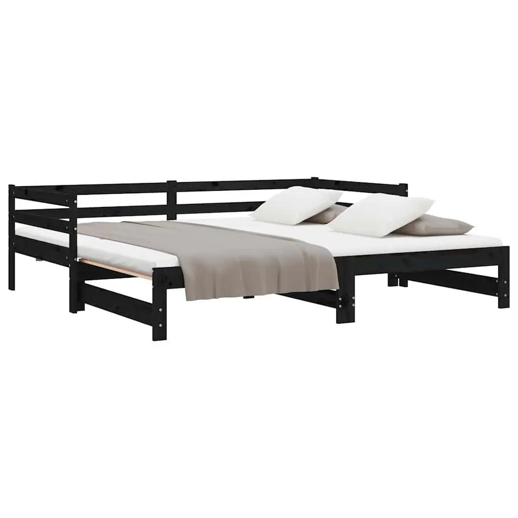Pull-Out Day Bed Wooden Sofa Bed Frame Black Slatted Design 90x190 cm No