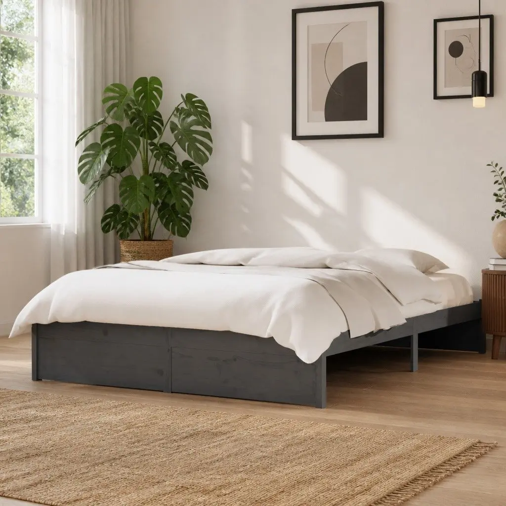 Grey Solid Wood Bed Frame 135x190 cm