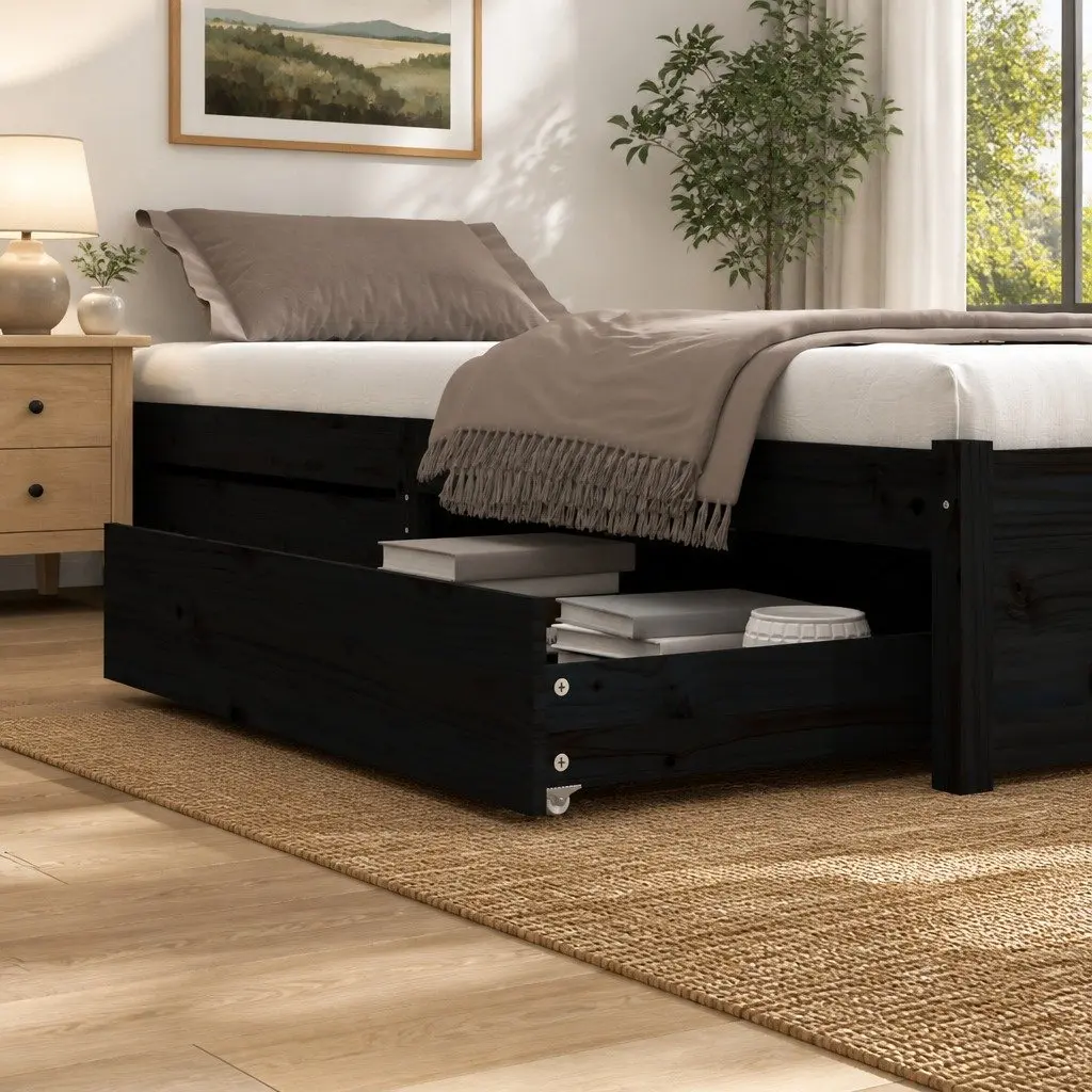 Under Bed Storage Drawers 2 pcs Black Solid Pine Wood with Wheels