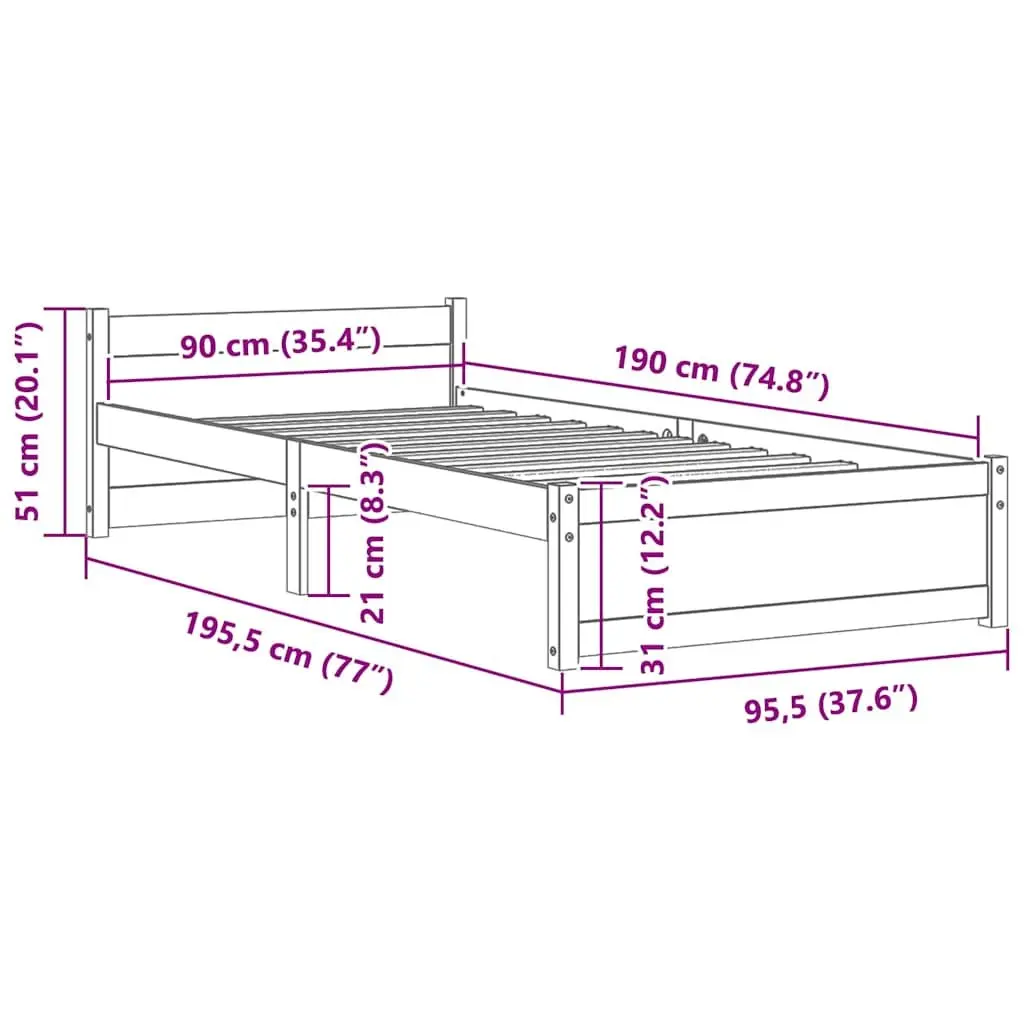 Solid Wood Bed Frame Classic Headboard 90x190cm White Pine Bedroom Furniture