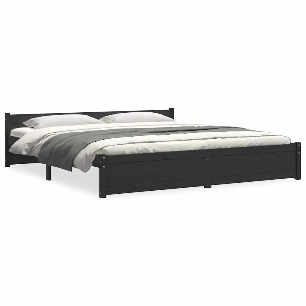 King Bed Frame 183x203cm Black Solid Wood Wooden Bedroom Furniture Headboard