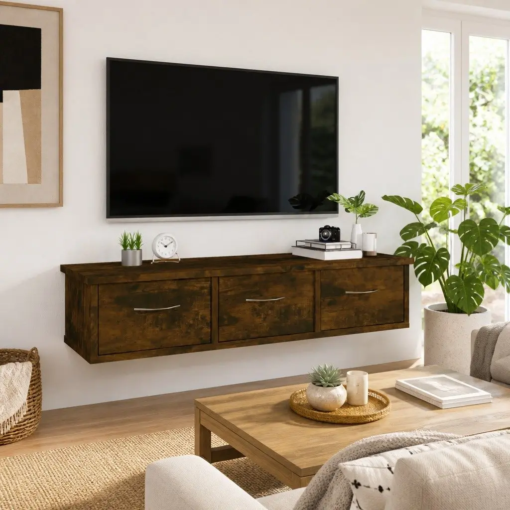 Wall Cabinet Floating Storage Unit with 3 Drawers Brown 88 x 26 x 18.5 cm
