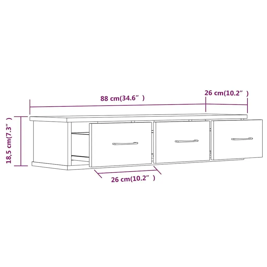 Wall Cabinet Floating Storage Unit with 3 Drawers Brown 88 x 26 x 18.5 cm
