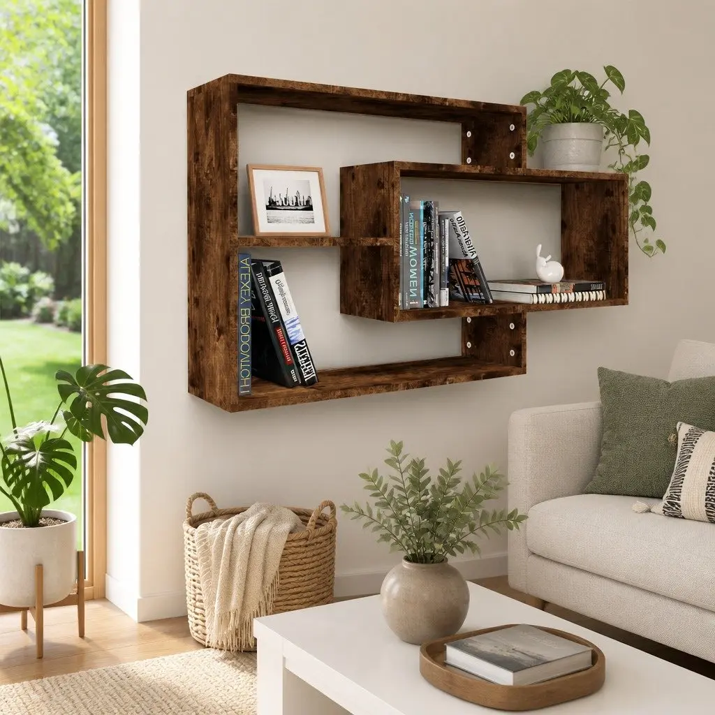 Open Storage Wall Shelf Engineered Wood Brown 3 Compartments