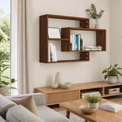 Wall Shelf Brown Oak 3 Compartments Open Storage Display Floating Shelving Unit
