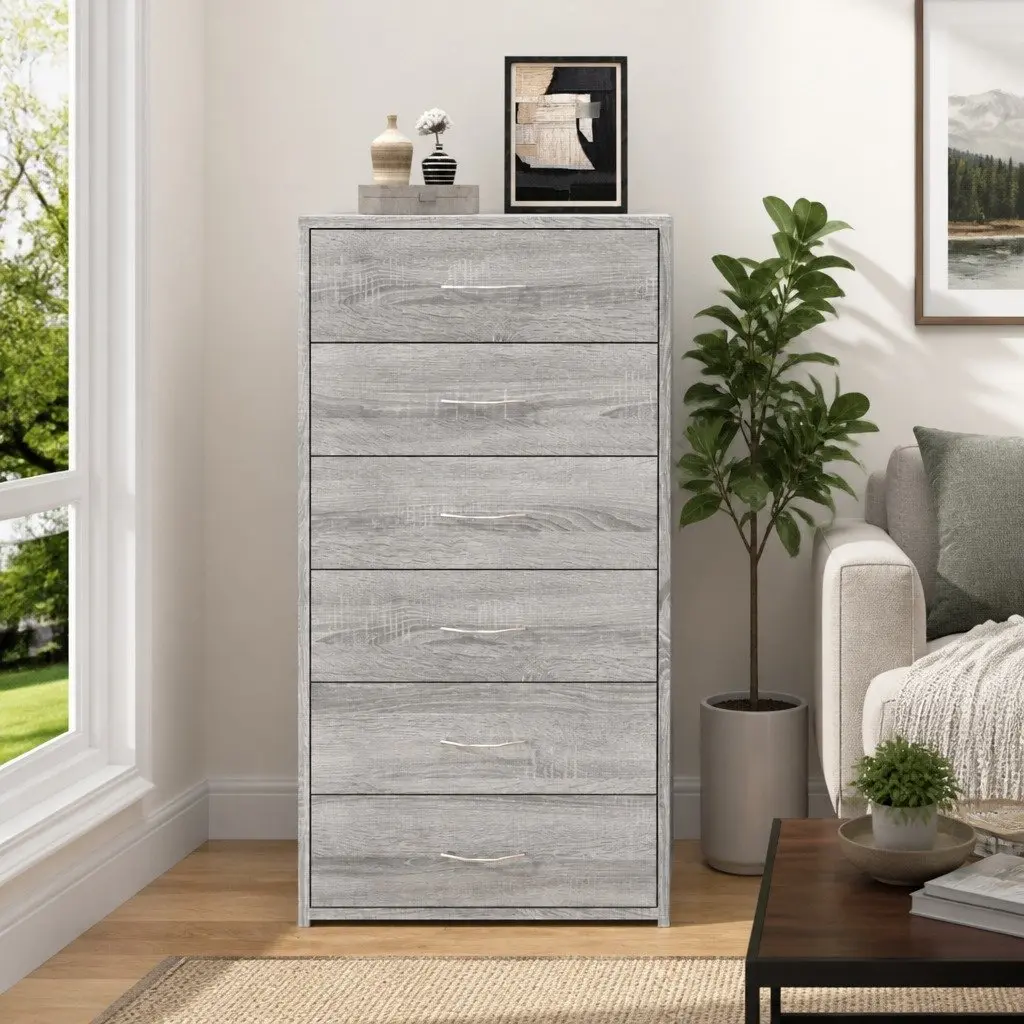 Sideboard Grey Minimalist 50W x 34D x 96H cm with 6 Drawers Storage Cabinet Engineered Wood Furniture