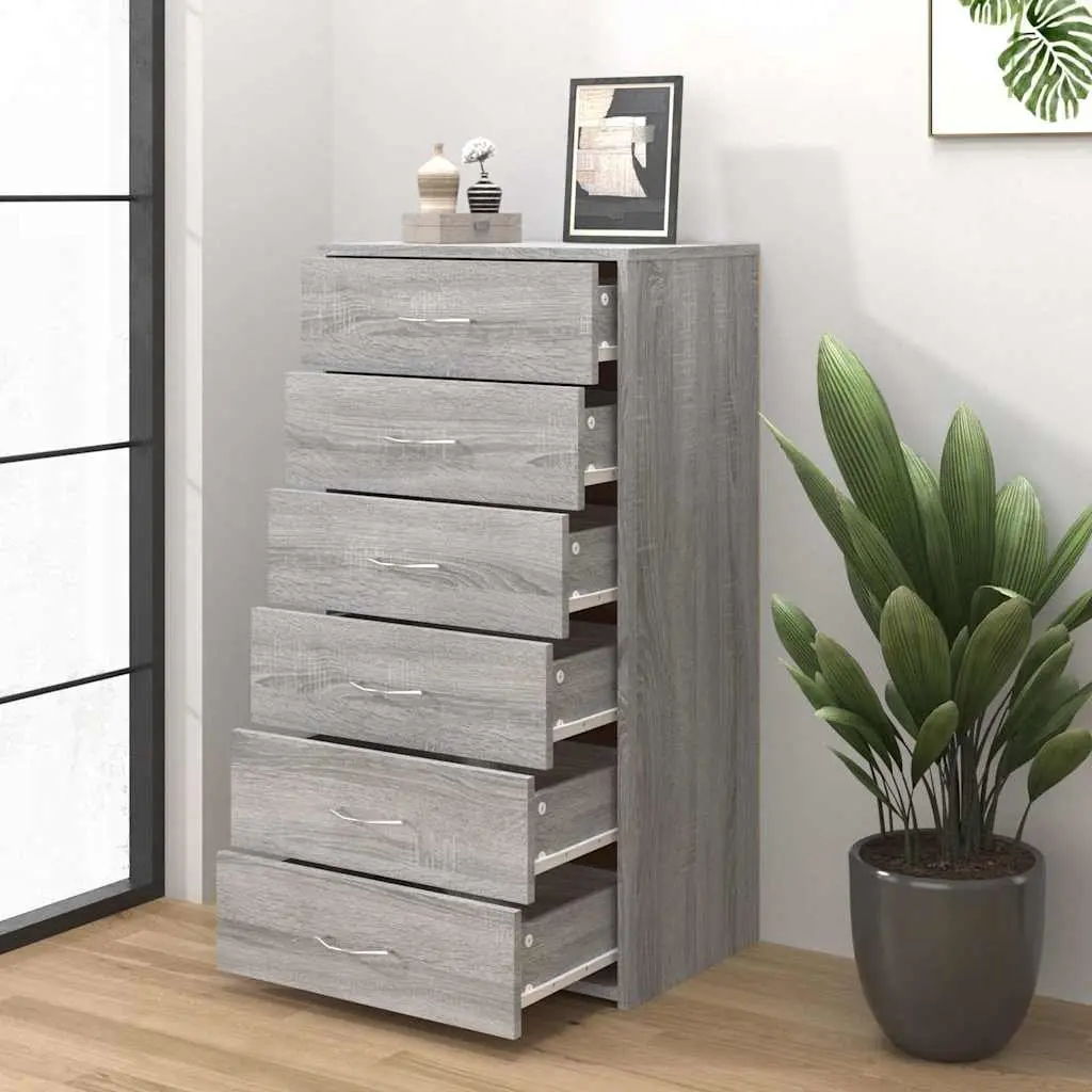Sideboard Grey Minimalist 50W x 34D x 96H cm with 6 Drawers Storage Cabinet Engineered Wood Furniture