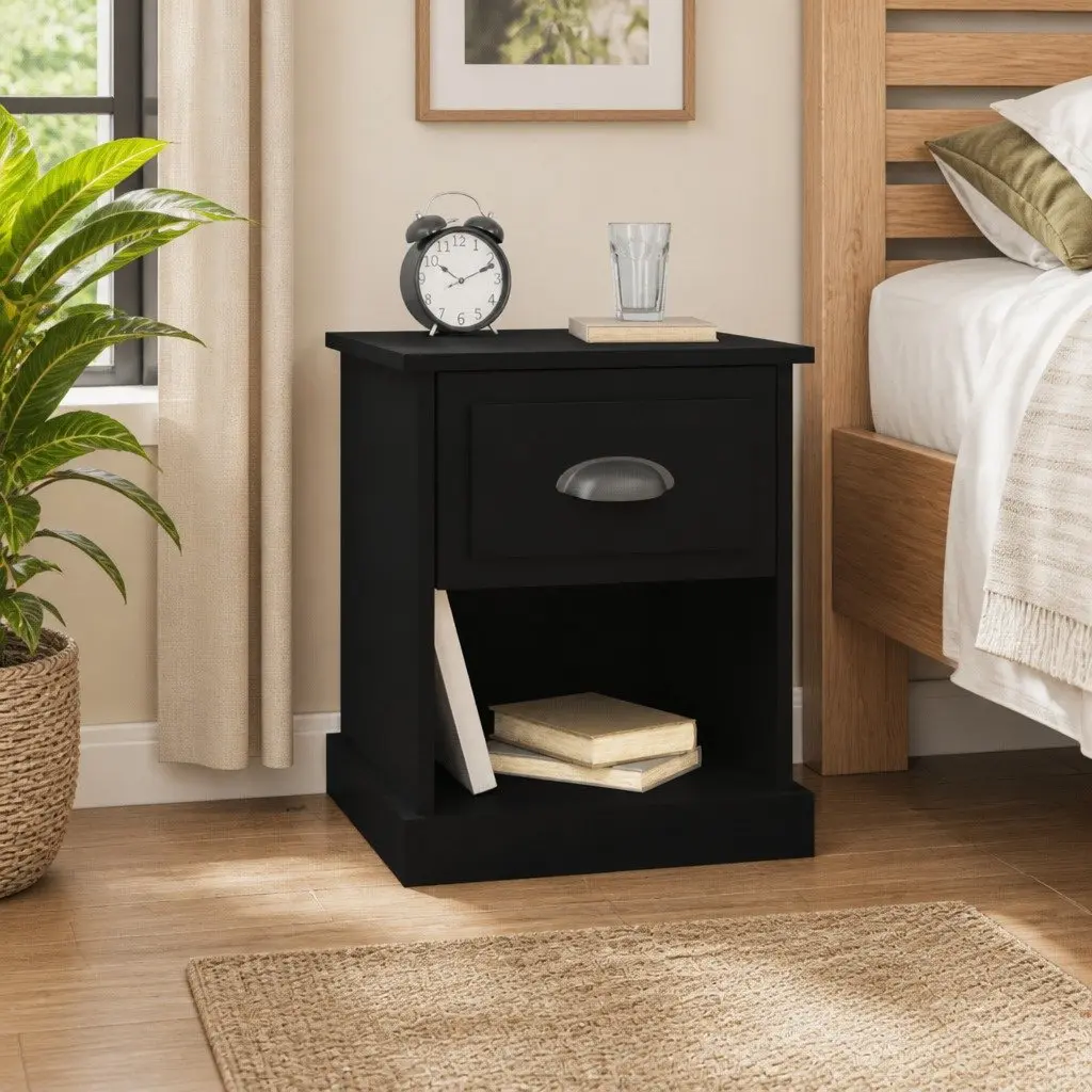 Bedside Cabinet Black 39x39x47.5 cm Engineered Wood Nightstand Storage Drawer