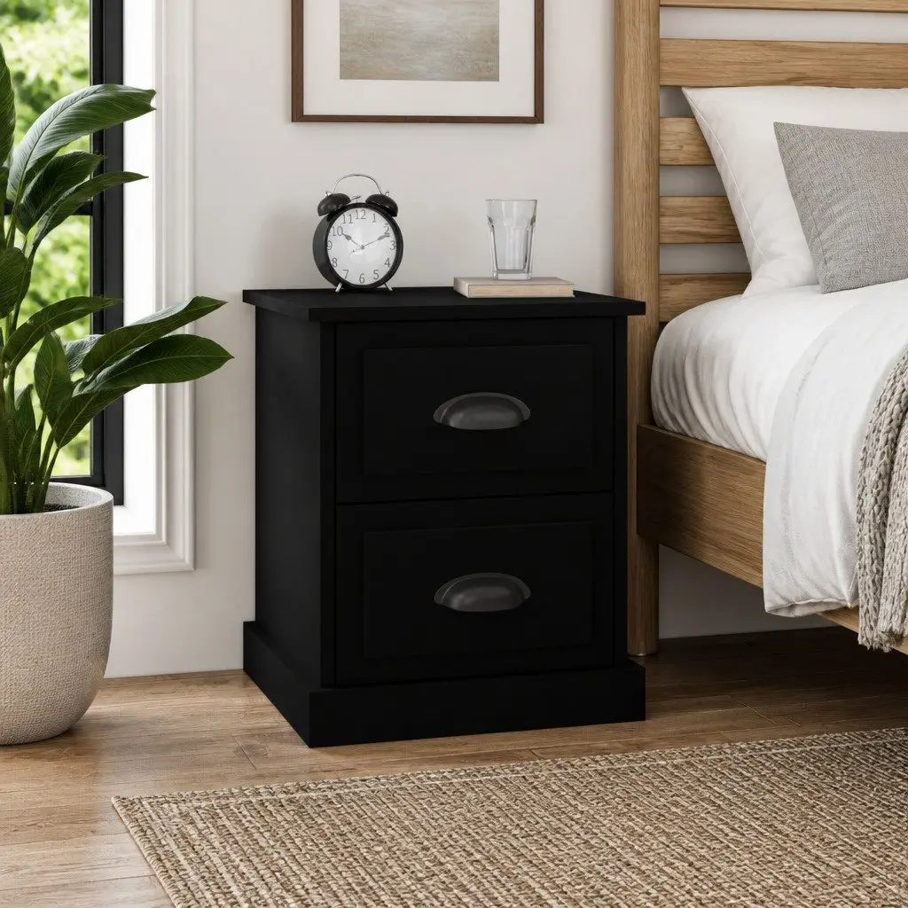 Black Bedside Cabinet 39x39x47.5cm Engineered Wood Nightstand with 2 Storage Drawers