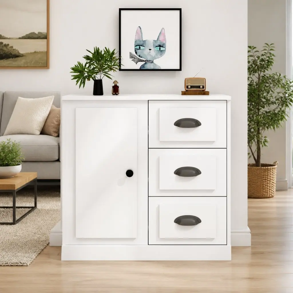 Sideboard High Gloss White Storage Cabinet Engineered Wood Living Room 70 x 35.5 x 67.5 cm