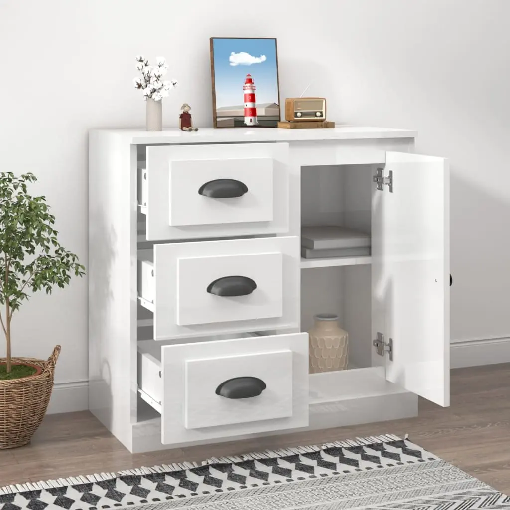 Sideboard High Gloss White Storage Cabinet Engineered Wood Living Room 70 x 35.5 x 67.5 cm