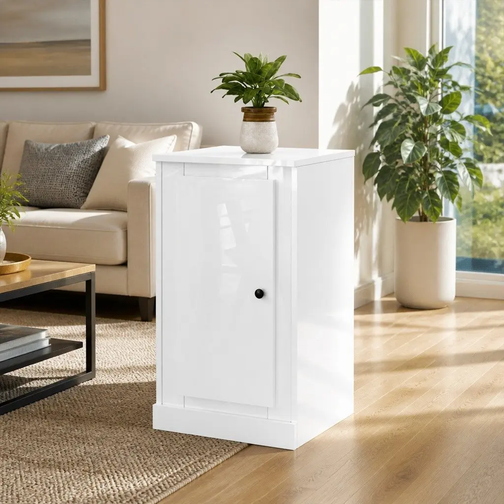 Engineered Wood Sideboard High Gloss White Storage Cabinet 37.5W x 35.5D x 67.5H cm