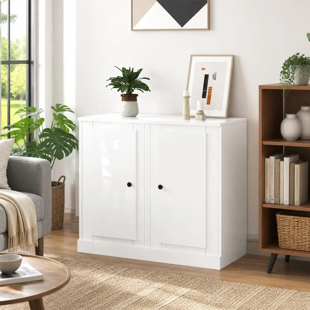 Sideboards High Gloss White Storage Cabinet 2 pcs Engineered Wood