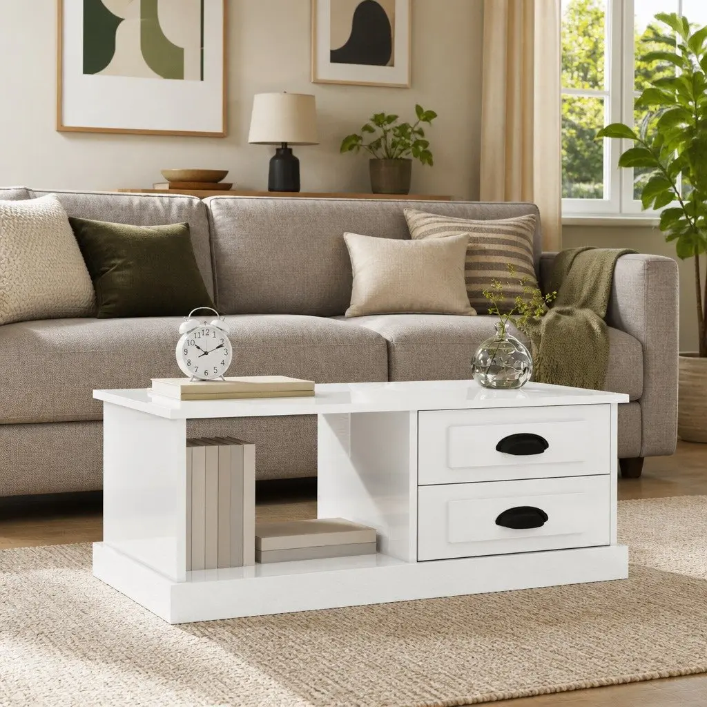Coffee Table High Gloss White with Storage Drawers 90cm x 50cm x 35cm Engineered Wood