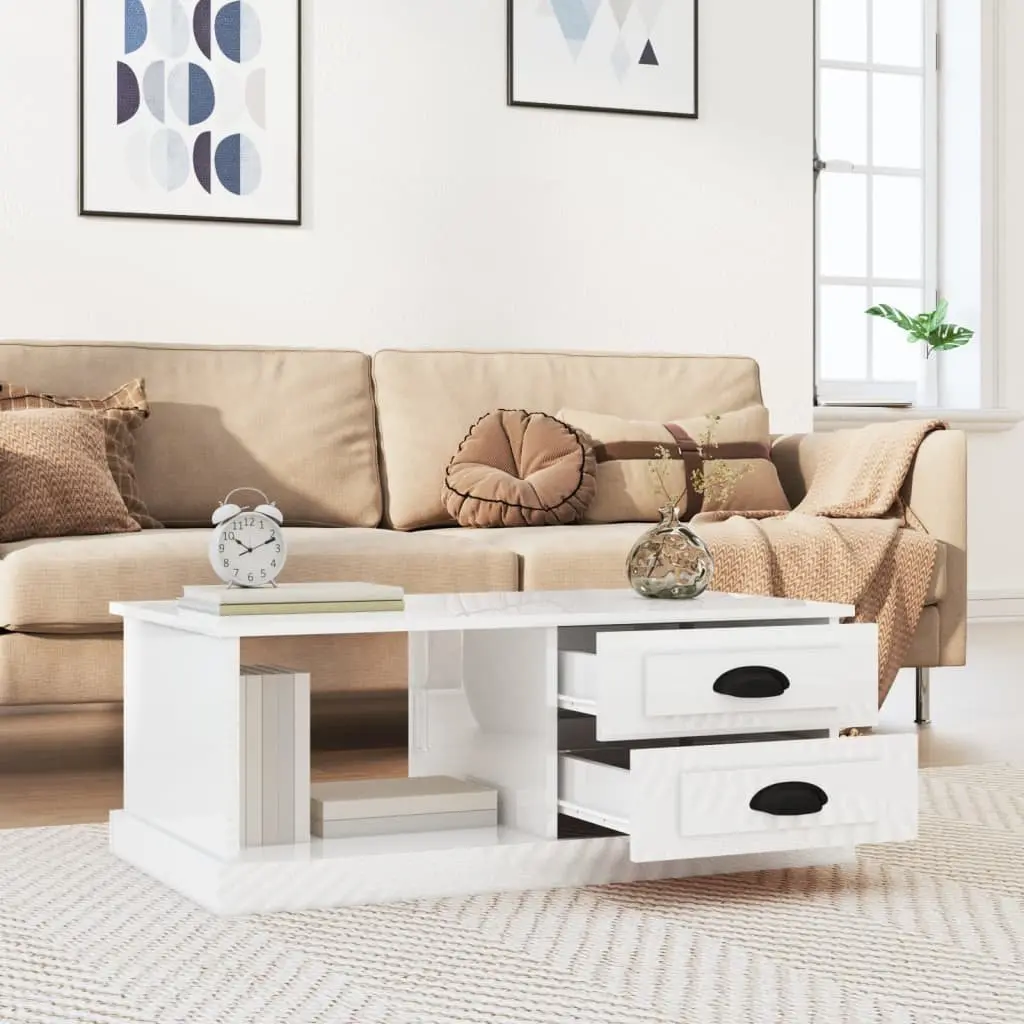 Coffee Table High Gloss White with Storage Drawers 90cm x 50cm x 35cm Engineered Wood