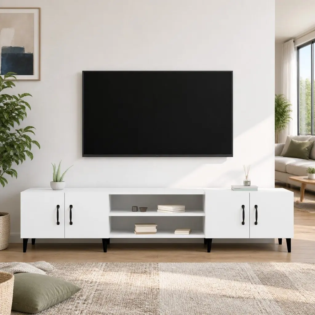 TV Cabinet White Engineered Wood Storage Unit 4 Door 4 Compartment 180 x 31.5 x 40 cm