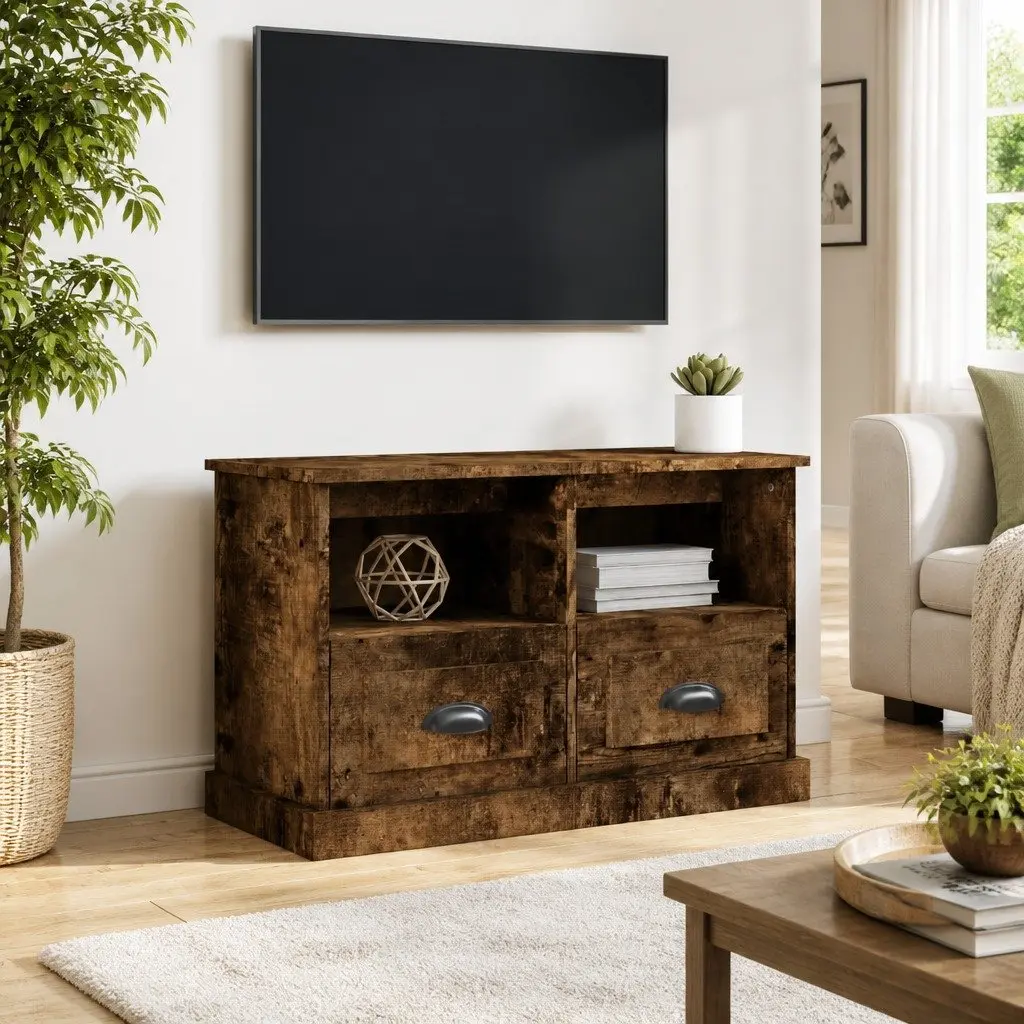 TV Cabinet with Drawers and Open Compartments Brown Engineered Wood 80L x 35W x 50H cm
