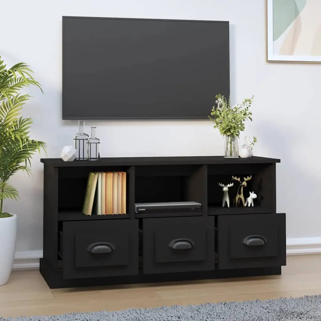 TV Cabinet Black Engineered Wood TV Unit with Drawers Storage Display Stand