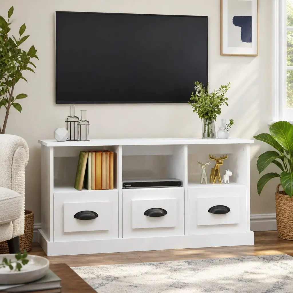 TV Cabinet High Gloss White Engineered Wood 100x35x50cm Storage Unit with 3 Drawers and 3 Open Compartments