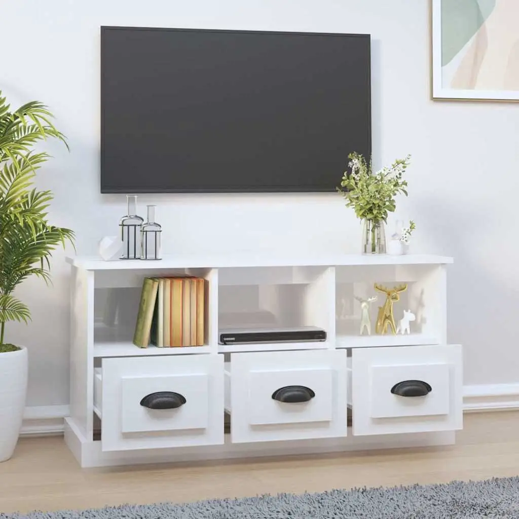 TV Cabinet High Gloss White Engineered Wood 100x35x50cm Storage Unit with 3 Drawers and 3 Open Compartments