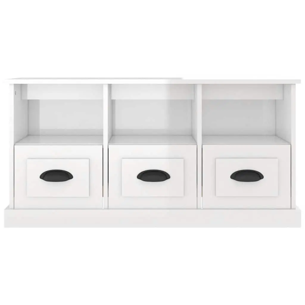 TV Cabinet High Gloss White Engineered Wood 100x35x50cm Storage Unit with 3 Drawers and 3 Open Compartments