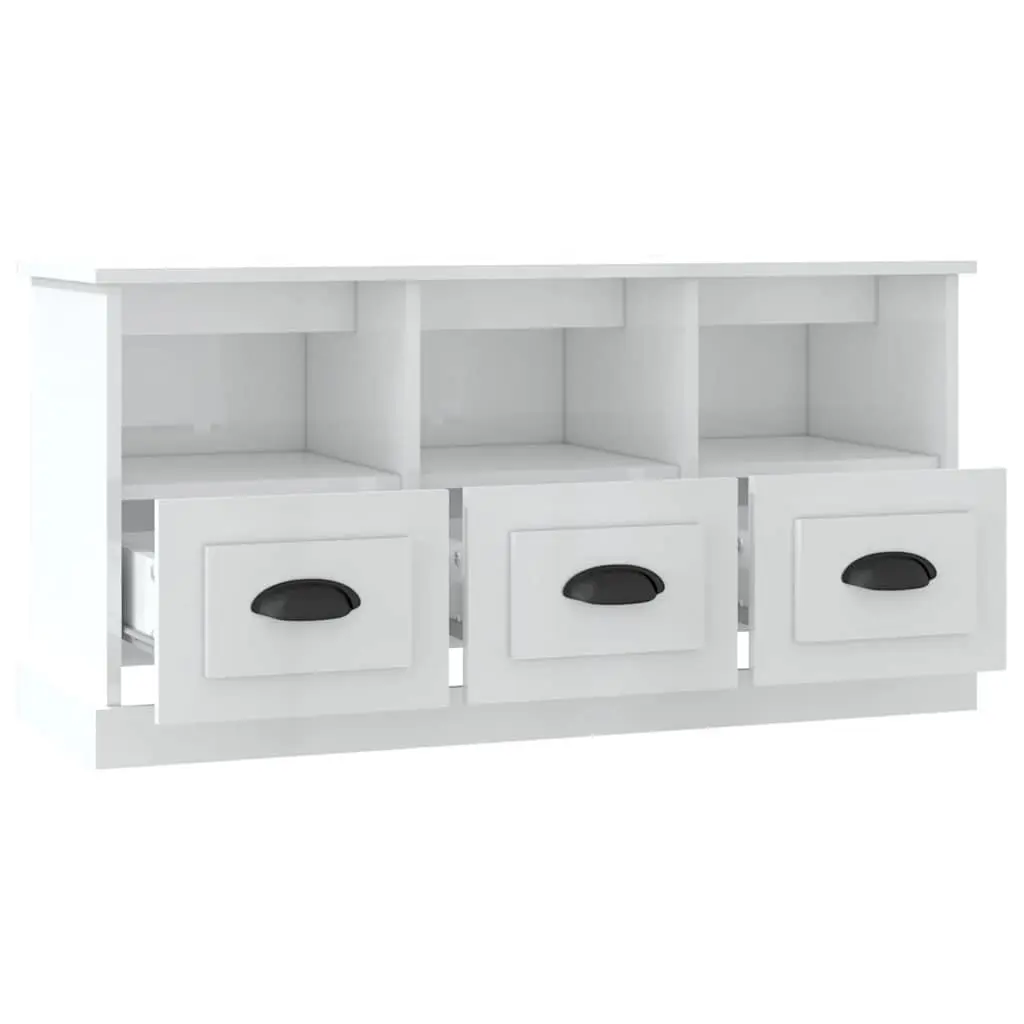 TV Cabinet High Gloss White Engineered Wood 100x35x50cm Storage Unit with 3 Drawers and 3 Open Compartments