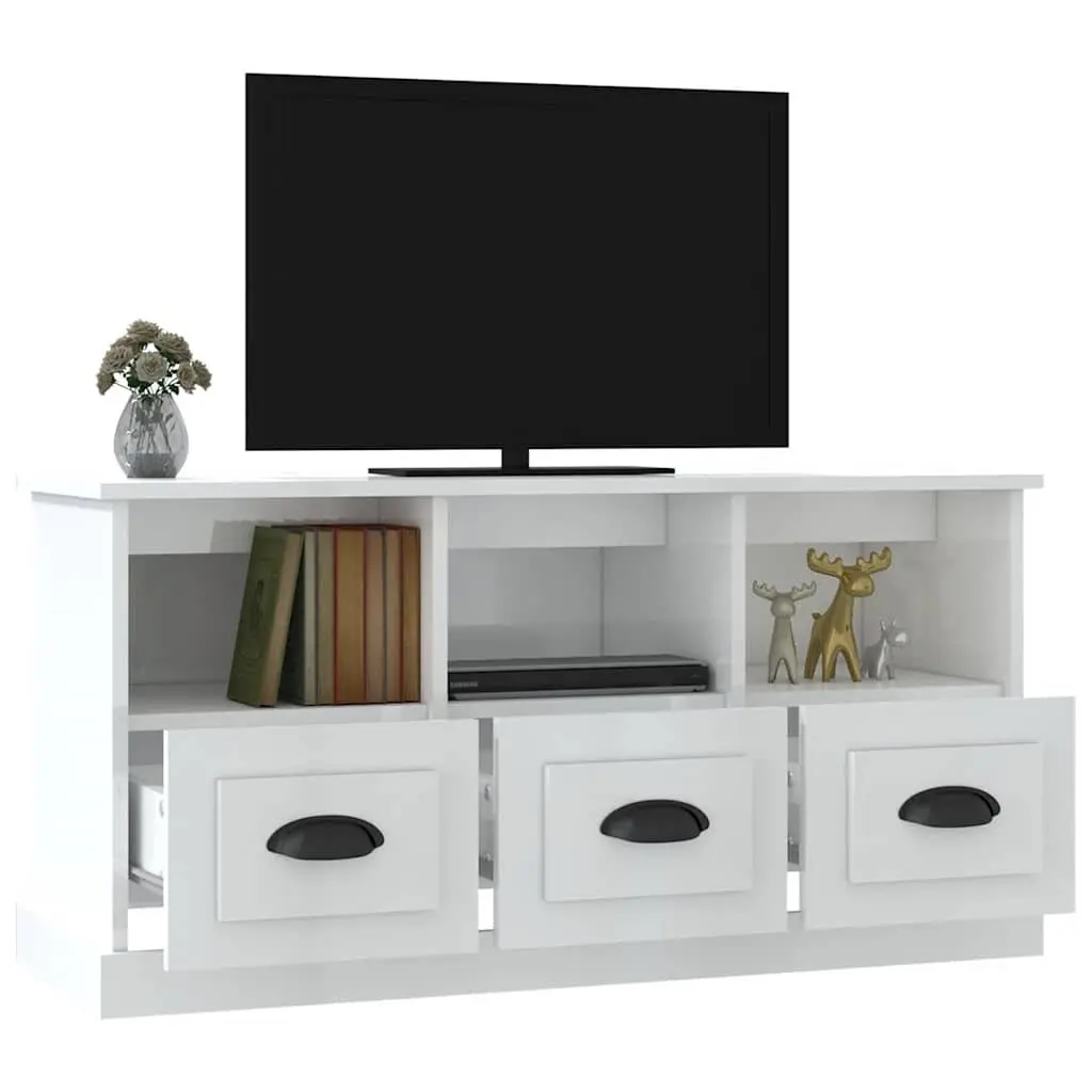TV Cabinet High Gloss White Engineered Wood 100x35x50cm Storage Unit with 3 Drawers and 3 Open Compartments