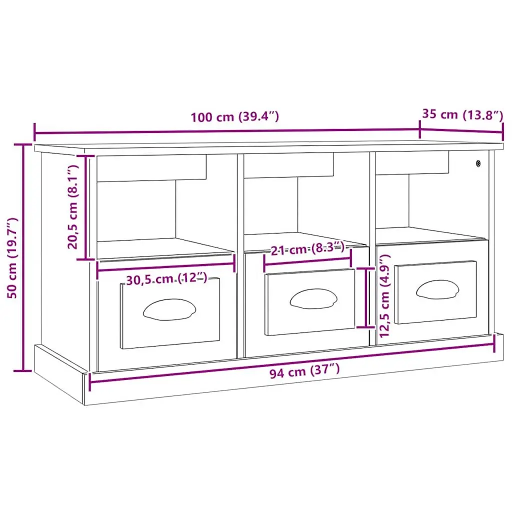 TV Cabinet High Gloss White Engineered Wood 100x35x50cm Storage Unit with 3 Drawers and 3 Open Compartments