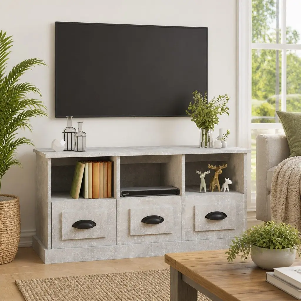 TV Cabinet Grey Engineered Wood 100x35x50cm Storage Unit 3 Drawers Open Shelves
